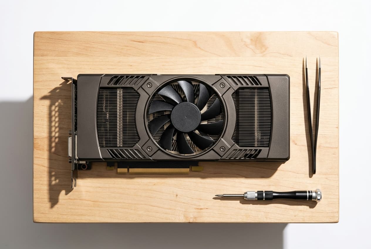 Fig. B — GPU Tesla post-reflow · bench top-view
